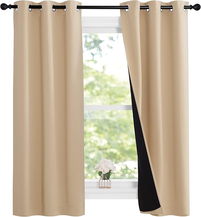 NICETOWN Bedroom Full Blackout Curtain Panels, Super Thick Insulated Grommet Drapes, Double-Layer Blackout Draperies with Black Liner for Small Window (Set of 2 Pcs, 37 by 63-inch, Biscotti Beige) - Image 2