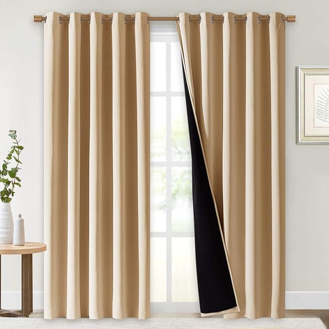 NICETOWN Living Room Completely Shaded Draperies, Privacy Protection & Noise Reducing Ring Top Drapes, Black Lined Insulated Window Treatment Curtain Panels(Biscotti Beige, 2 Pieces, W70 x L84) by NICETOWN
