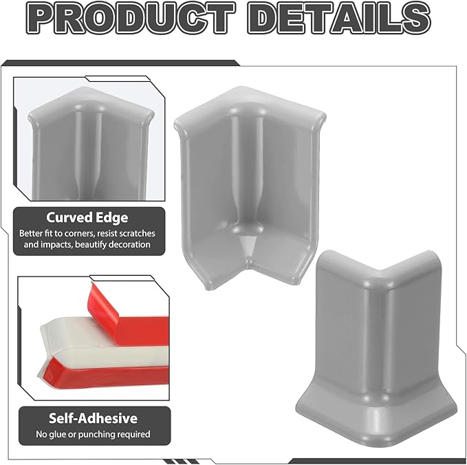 uxcell Self Adhesive Baseboard Corner Blocks, 2.2 Inch Wall Edge Corner Protector 2 Inside + 2 Outside Corners-Connector for Wall Floor Furniture Edge(Gray) - Image 4