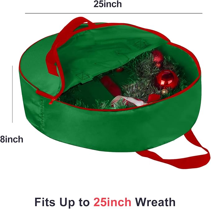TQS 25" Christmas Wreath Storage Bag - Christmas Large Wreath Container - Reinforced Wide Heavy Duty Handle and Double Sleek Zipper -Protect Your Party Decorations Garland Storage Cover - Green - Image 2