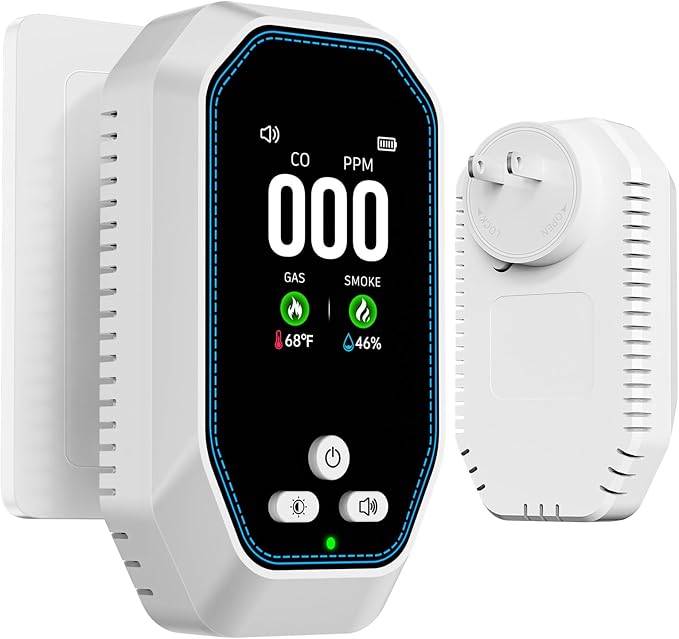 5-in-1 Carbon Monoxide Detectors Plug in, Natural Gas Leak & Smoke Alarm with Temp/Humidity, Battery Backup, CO Detector with LCD Display, Propane Gas Monitor for Home Hotel Travel Camping RV by Veevvio