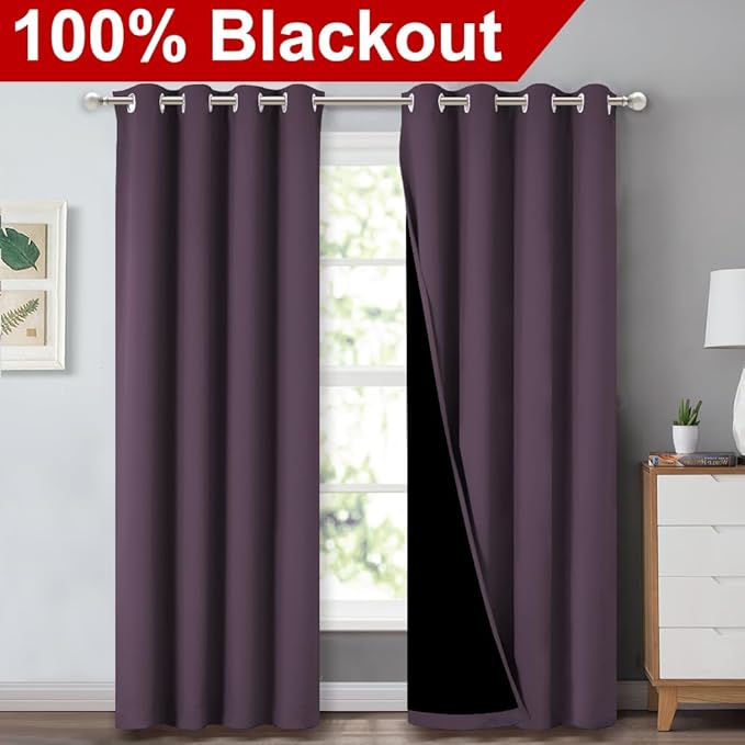 NICETOWN 100% Blackout Curtains 84 inches Long, Plum, 52 inches Wide, Pair of Energy Smart & Noise Blocking Out Drapes for Baby Room Window, Thermal Insulated Guest Room Lined Window Dressing - Image 2