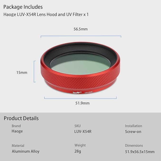 Haoge LUV-X54R Metal Lens Hood with MC UV Protection Multicoated Ultraviolet Lens Filter for Fujifilm X100VI Fuji X100V Camera Red - Image 8