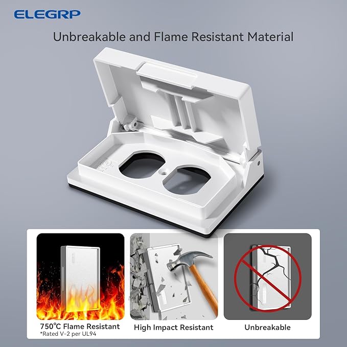ELEGRP Horizontal Outdoor Cover for Duplex Receptacles, Weatherproof Wall Plate, Outdoor Electrical Outlet Cover, Standard Size 1-Gang 4.77” x 2.97”, Thermoplastic, 6 Pack, White - Image 2