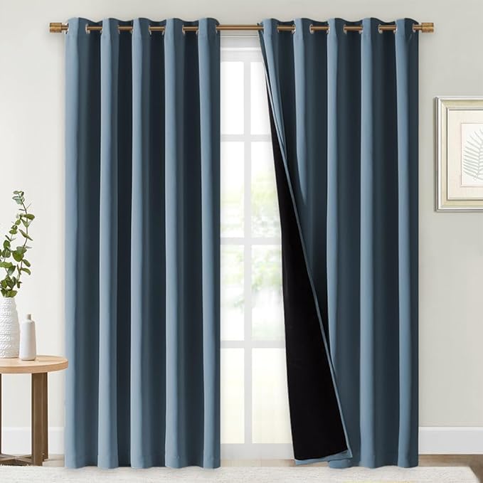 NICETOWN 100% Blackout Window Curtain Panels, Smoky Blue, 2 PCs, 62" Wide Each Panel, Cold and Full Light Blocking Drapes with Black Liner for Nursery, 84" Drop Thermal Insulated Draperies by NICETOWN