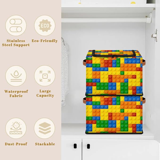 Storage Bin, Collapsible Fabric Storage Boxes with Lids for Organizing, Colorful Building Cubes Stackable Closet Organizers and Storage Cube Basket with Handle for Home, Office, Bedroom (2 PACK) - Image 3