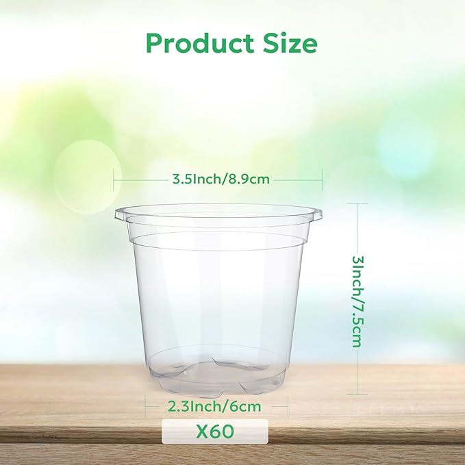 60 Packs 3.5 Inch Reinforced Clear Nursery Pots with Drainage Holes, Transparent Plastic Plant Pot Seedling Planter for Vegetable Propagation, Root Cutting, Seed Starting - Image 2