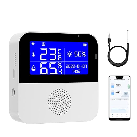 WiFi Thermometer Hygrometer with Waterproof Probe: Smart Temperature Humidity Sensor with LCD Backlit Screen & Calibration Function, App & Buzzer Alert, Indoor Temperature Monitor for Home Pet by GaoducashforSmartLife