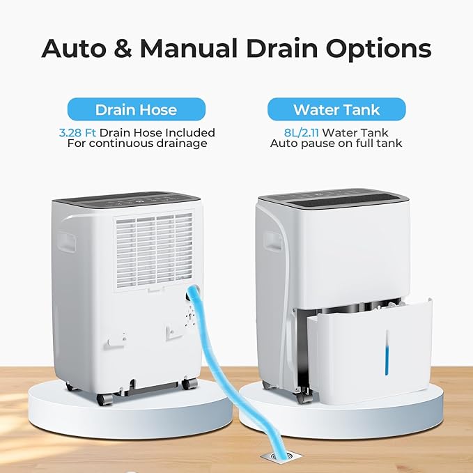 Max 150 Pint Dehumidifiers for Small/Medium Rooms, Bedrooms & Bathrooms & Basement, Custom Humidity Control, 43dB Quiet, 3 Modes, Home Dehumidifier with Drain Hose & 2.11 Gal Water Tank - Image 7