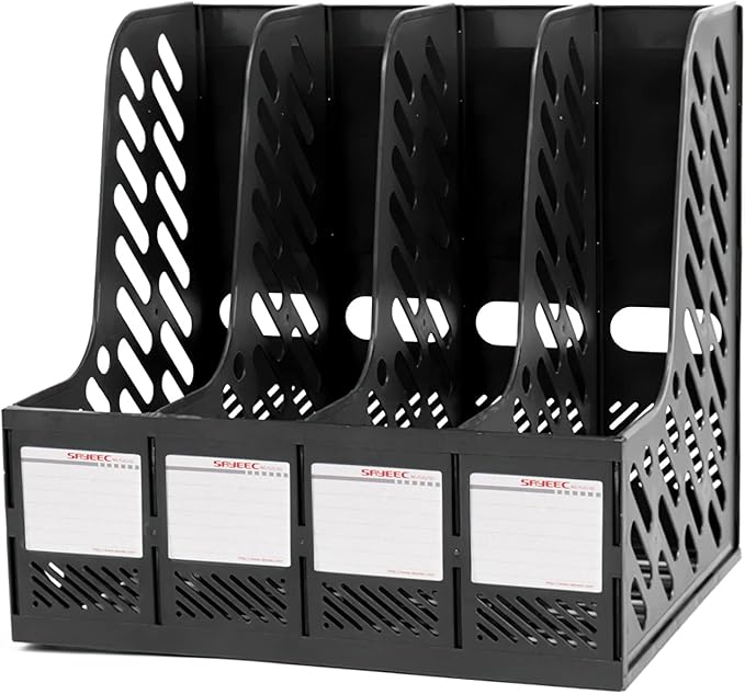 SAYEEC Magazine File Holder, Plastic Desktop File Folder Organizer with 4 Large Compartments, Vertical Desk Binder Organizer Office Organization and Storage File Holder for Desk, School, Home (Black) by SAYEEC