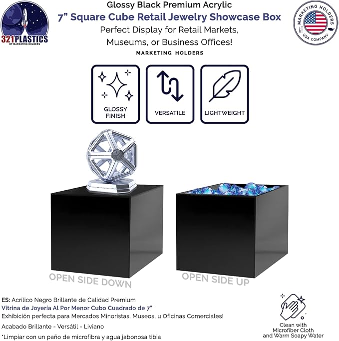 7 Inch Acrylic Display Box with One Open Side Black Versatile Square Plastic Merchandise Storage Bin or Retail Product Riser by Marketing Holders - Image 4