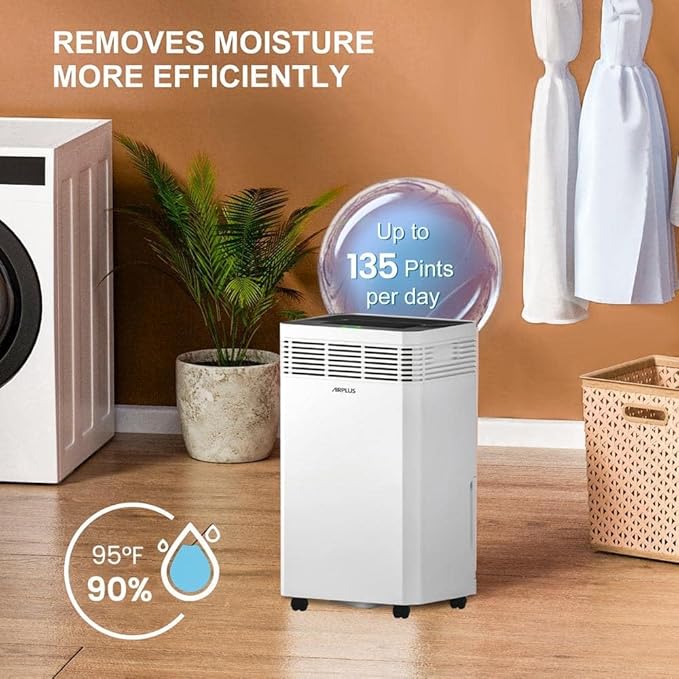 AIRPLUS 6000 Sq. Ft Dehumidifiers for Home, 135 Pints Dehumidifier for Basement with Drain Hose, Continuous Drainage, Intelligent Humidistat, Dehumidifier for bathroom, bedroom, Large Room - Image 2