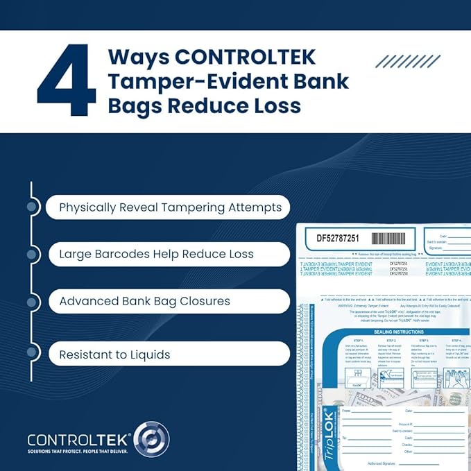 ControlTek TripLok 15" x 20", Clear, 50 Bags Tamper-Evident Deposit Bags for Cash Handling & Valuables, Moisture, Heat and Cold Sensitive Ink, Tear-Off Receipt + Large Barcodes 585048 - Image 6