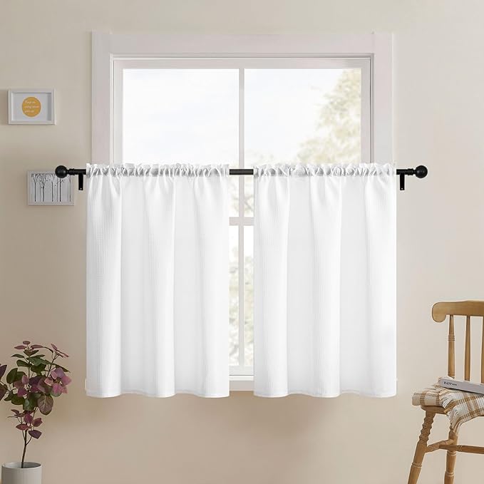 Home Queen White Waffle Bathroom Window Curtains, Water Repellent Rod Pocket Kitchen Drapes for Small Window, 2 Panels, 36 W X 45 L Inch Each - Image 9