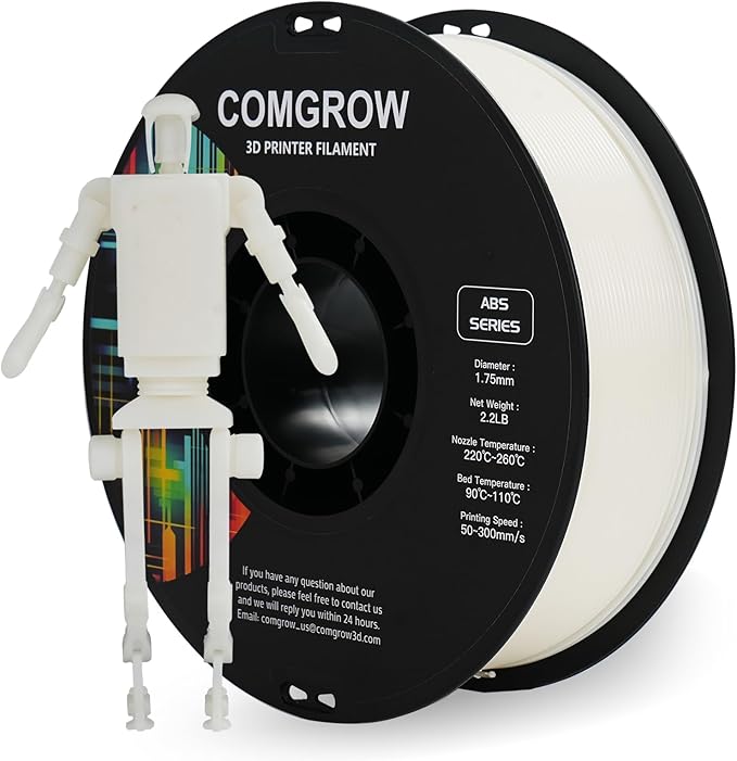 Comgrow ABS 3D Printer Filament, 1.75mm, Heat Resistant, 1kg, White, 1.75mm Diameter, 1lb Weight, Acrylonitrile Butadiene Styrene Material by Comgrow