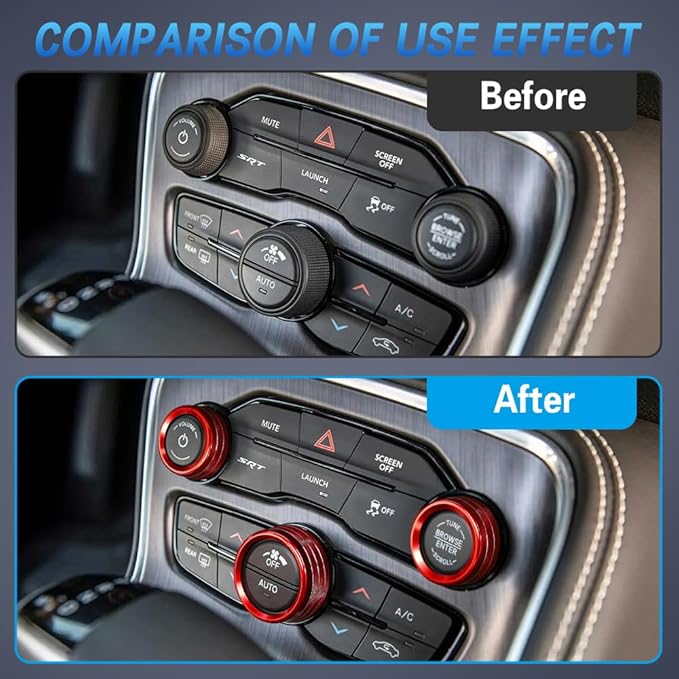 3PCS Air Conditioner Switch Button Knob Cover, Auto Accessories Climate Control Knob Covers, Aluminum Alloy Knob Ring Trim Cover Compatible with Dodge Challenger Durango 2015-2022 (Red) - Image 4