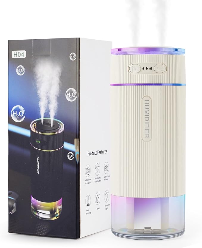 Portable Small Humidifiers for Travel, Mini Air Ultrasonic Humidifier with Filter Element - Cool Mist, Whisper Quiet, Nightlight, 350ML Tank, Car Modes, Perfect for Baby, Bedroom, Hotel, Desk, Plants by Unknown