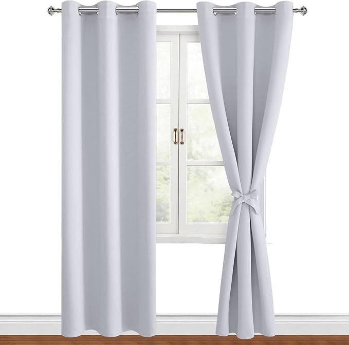 Hiasan Blackout Curtains for Bedroom, 42 x 84 Inches Long - Thermal Insulated & Energy Saving Window Curtains for Living Room, 2 Drape Panels Sewn with Tiebacks, Greyish White by Hiasan