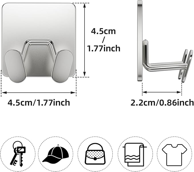 Adhesive Shower Hooks for Inside - Extra Sticky Stainless, Razor Holder Shower Accessories, Wall Mounted Self-Adhesive Double Hooks for Razor, Loofah, Towel, Shaver, Coat, Key, Silver, 4-Pack - Image 5