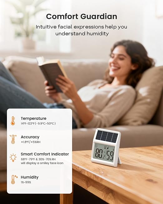 Digital Indoor Thermometer & Hygrometer, Light Powered (No Rechargeable Batteries Runs Only on Real-time Light Exposure) Solar Indoor Temperature and Humidity Monitor, Humidity Gauge - Image 5