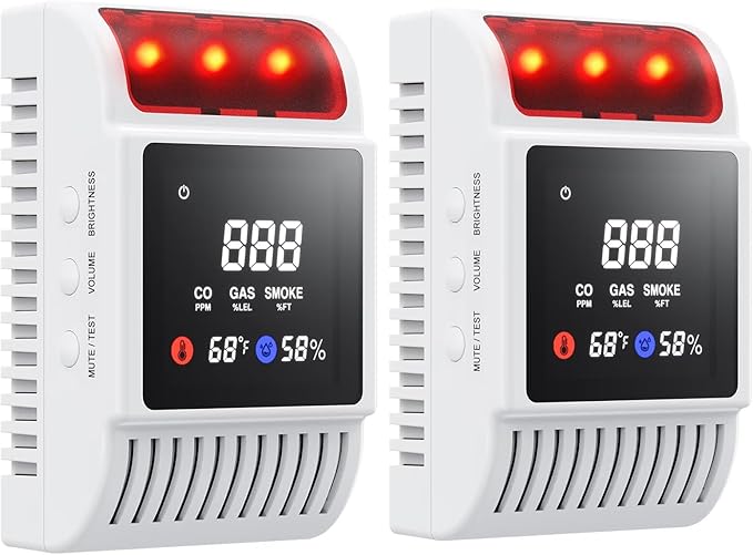 6-in-1 Smoke and Carbon Monoxide Detectors Plug in, Gas Leak Detector with Battery Backup, Adjustable Brightness & Volume Levels, Smoke Alarm with Temp/Humidity for Home, RV, Travel(2-Pack) by Unknown