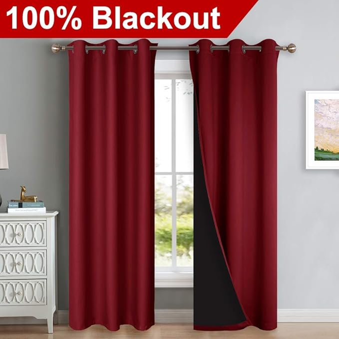 NICETOWN Blackout Curtains 80 inches Long, Full Light Blocking Drapes with Black Liner for Nursery, Thermal Insulated Draperies for Hall, Villa (Burgundy Red, 2 Pieces, 42" Wide Each Panel) - Image 2