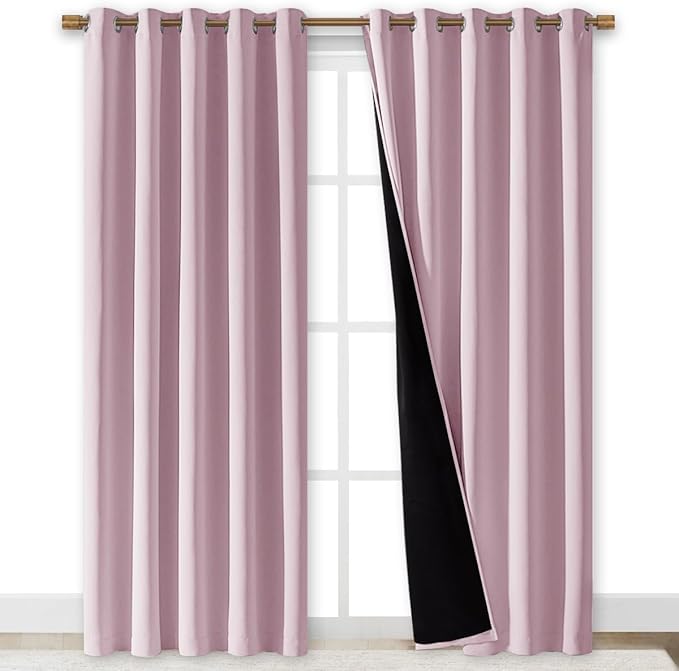NICETOWN 100% Blackout Window Curtain Panels, Baby Pink, 2 PCs, 62" Wide Each Panel, Cold and Full Light Blocking Drapes with Black Liner for Nursery, 84 inches Drop Thermal Insulated Draperies - Image 2