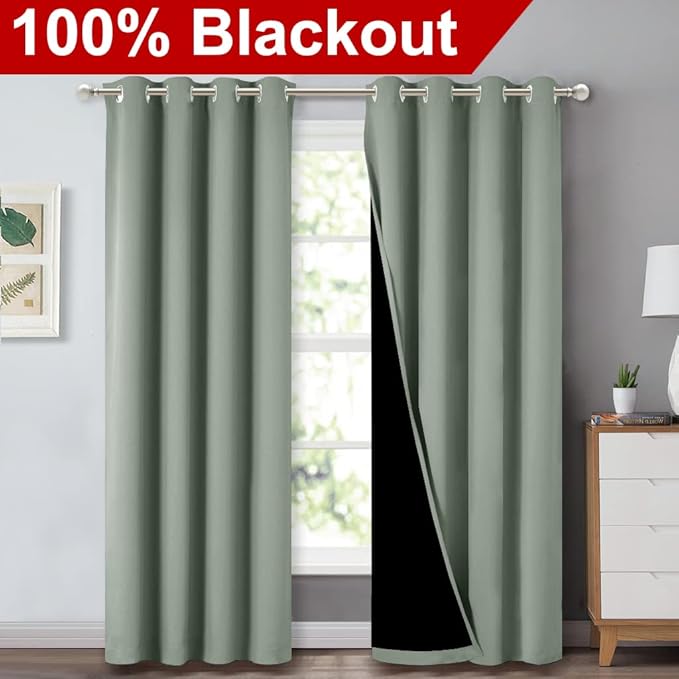NICETOWN 100% Blackout Window Curtain Panels, Cold and Full Light Blocking Drapes with Black Liner for Nursery, 84 inches Drop Thermal Insulated Draperies (Greyish Green, 2 Pieces, 52" Wide per Panel) - Image 2