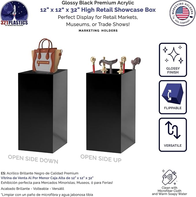 One Piece Acrylic Pedestal Art Stand Glossy Black Display No Lid 12" x 12" x 32" High No Assembly Column Lifter Elegant Display Weddings Celebrations Cube Riser Showcase by Marketing Holders - Image 2
