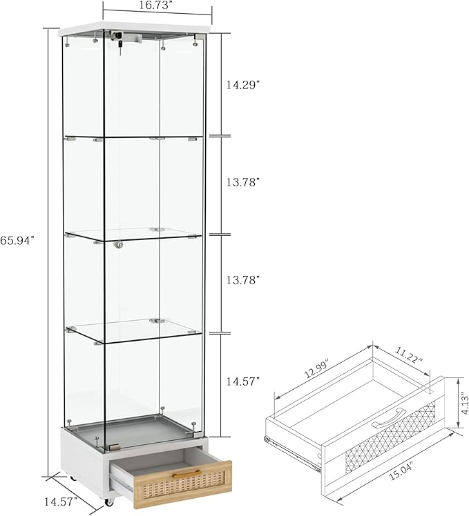 Yoluckea 4-Tier Glass Display Cabinet with LED Lighting and Drawer, 1-Door Floor Standing Curio Cabinet with Wheel for Home, Office, Corner Display, White Glass Bookshelf for Collections and Decor - Image 2