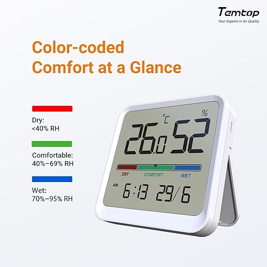 Temtop Indoor Thermometer Hygrometer, Precision Digital Temp/Humidity Monitor with Magnet & 3M Sticker, Date & Time, Wall/Magnet/Stand Mount, for Home, Office, Nursery, T1-SE 2 Pack - Image 5