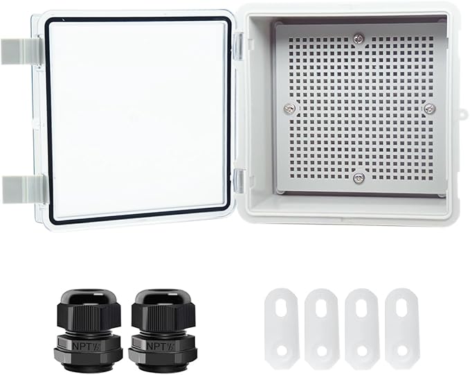 Junction Box, Hinged Clear Cover IP67 Waterproof ABS Project Box with 2 NPT 1/2" Cable Gland, Electrical Box Enclosure with Mounting Plate & Wall Bracket 5.9 x 5.9 x 3.5inch(150x150x90mm) by Otdorpatio