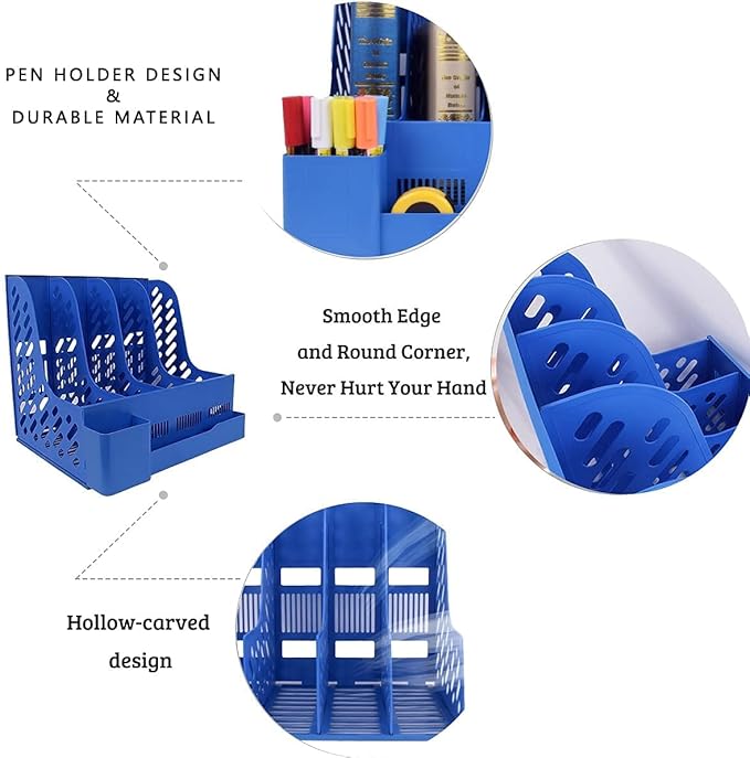 SAYEEC Magazine File Holder with Pen Holder and Storage Case, Plastic Desk Organizer File Folder Holder with 4 Vertical Compartments, Sturdy Desktop Binder Organizer for Office, School, Home (Blue) - Image 3