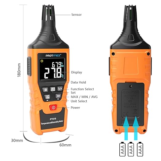 Protmex PT618 Temperature Humidity Meter, Thermometer Hygrometer Monitor with Ambient, Dew Point, Wet Bulb for Indoor/Outdoor MIN, MAX, Data Hold, LCD Backlight - Image 2