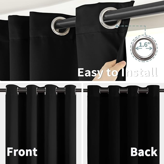 BGment Thermal Insulated 100% Blackout Curtains for Bedroom with Black Liner, Double Layer Full Room Darkening Noise Reducing Grommet Curtain (60 x 84 Inch, Black, 2 Panels) - Image 6