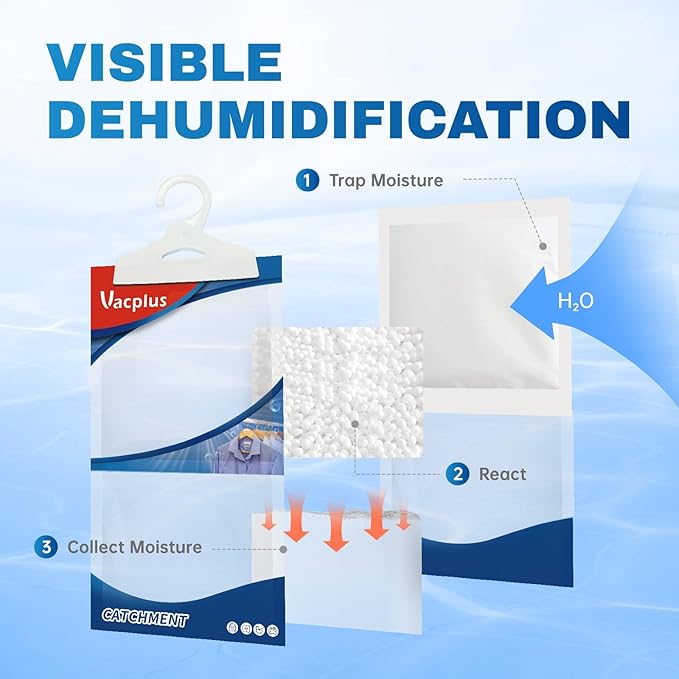 Vacplus Moisture Absorbers 30 Pack, Fragrance Free Hanging Humidity Packs with Sturdy Hook, Effective Closet Dehumidifier for Bathroom, Laundry Room, Basement, 9.8Oz - Image 5