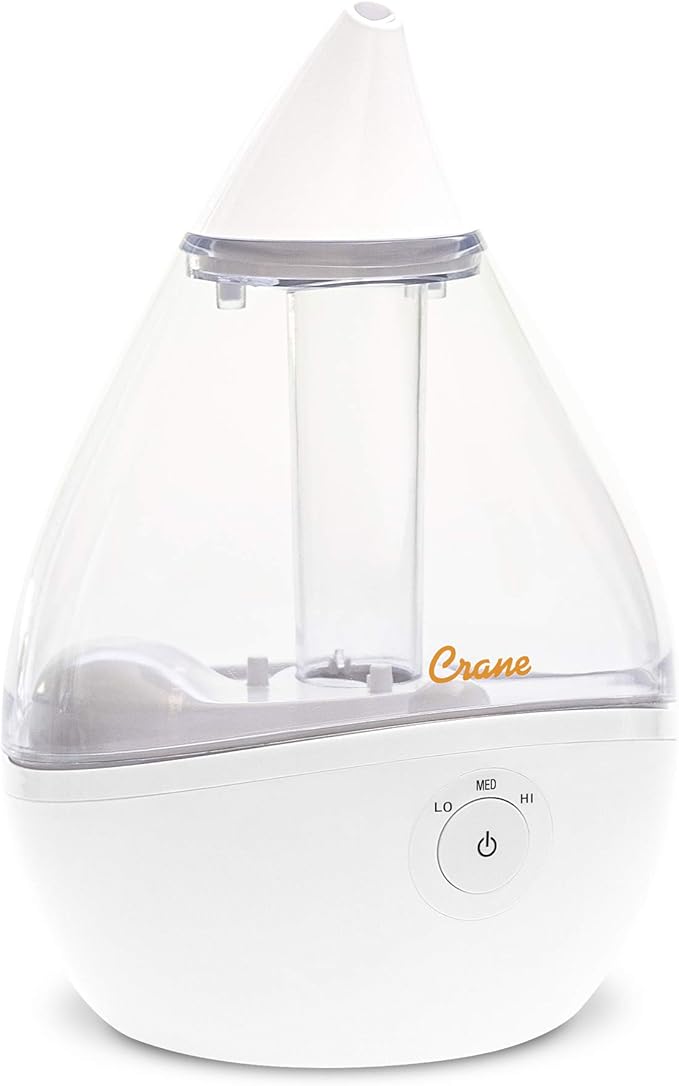 Crane Ultrasonic Teardrop Humidifier for Baby, Cool Mist, Auto Shut off, Adjustable Humidity, for Nursery, Bedroom, Clear and White, 0.5 Gallon by Crane