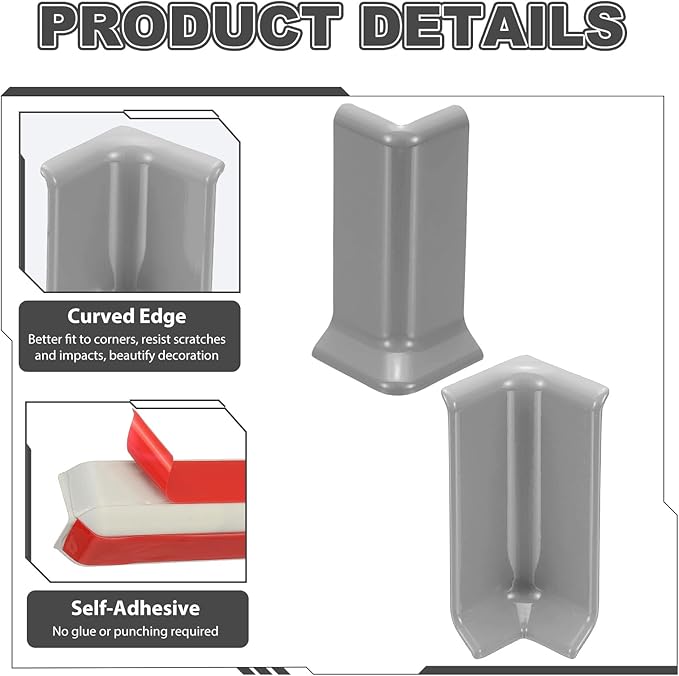 uxcell Self Adhesive Baseboard Corner Blocks, 3.23 Inch Wall Edge Corner Protector 3 Inside + 3 Outside Corners-Connector for Wall Floor Furniture Edge(Gray) - Image 4