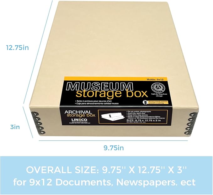 Lineco Museum Archival Storage Box, 9.75x12.75x3 in. Drop Front Design. Acid-Free with Metal Edge. Organize Photos, Pictures, Prints, Documents, Crafts, DIY. Tan, 1 Pack - Image 2