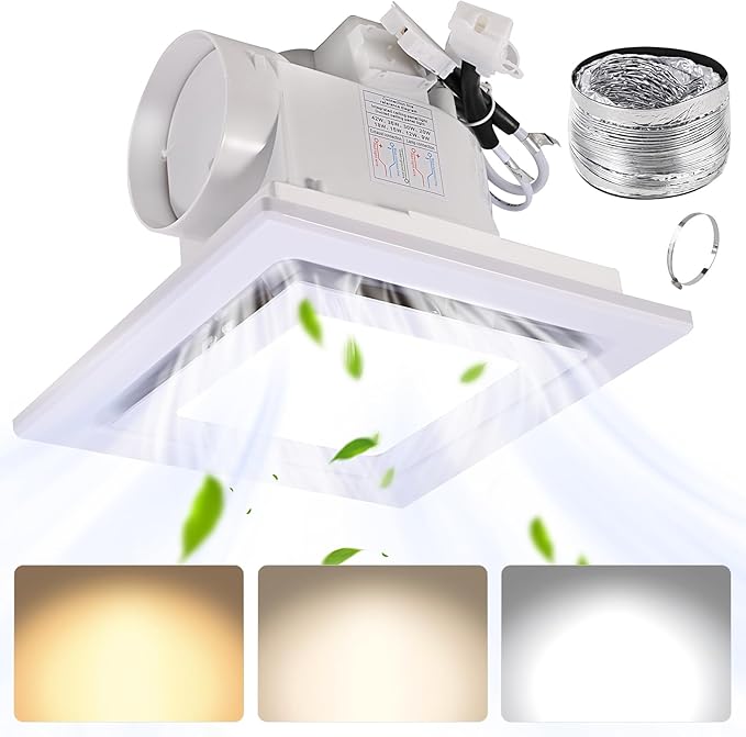 FEITON Square Bathroom Exhaust Fan with LED Light, Adjustable Color Temperature(3000K/4500K/6000K), 110 CFM 30W 4 Inch Duct, 110-220V 1.0 Sones Quiet Bathroom Ventilation Fan Light Combo Ceiling Mount by FEITON