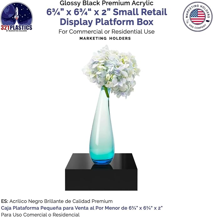 6 Pack Glossy Black Acrylic Display Box Versatile 5 Sided Pedestal 6.75" x 6.75" x 2" Merchandise Storage Bin Retail Product Riser with One Open Side by Marketing Holders - Image 5