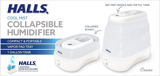 Crane x HALLS Collapsible Cool Mist Humidifier for Bedroom and Office, 1 Gallon Portable Humidifier for Travel and Easy Storage, Blue and White - Image 8
