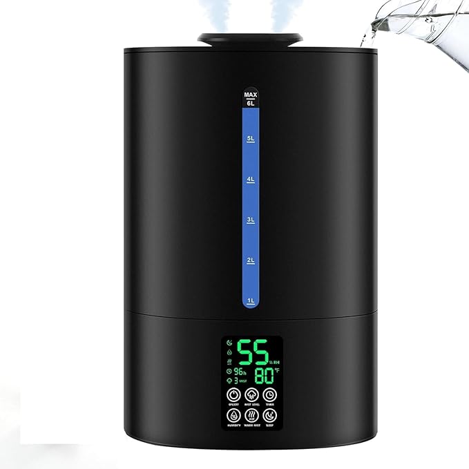 6L Humidifiers for Bedroom Large Room Home,Cool and Warm Humidifier for Baby and Plants Hot Mist Top Fill Desk Humidifiers Oil Diffuser,Quiet,Adjustable Mist,360°Nozzle-Black(2026 Upgraded) by Coolfiqu