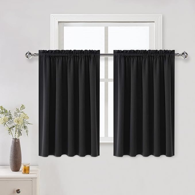 DWCN Short Black Blackout Curtains for Half Window - Room Darkening Thermal Insulated Kitchen and Bedroom Curtains 60x36 inches Long, Set of 2 Window Curtain Panels by DWCN