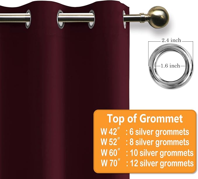 Hiasan Grommet Blackout Curtains for Bedroom, 70 x 63 Inches - Thermal Insulated & Light Blocking Window Drapes for Living Room/Dorm Room Christmas Decor, Set of 2 Panels Sewn with Tiebacks, Burgundy - Image 6