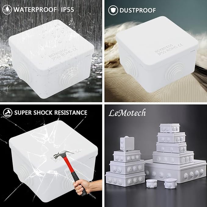 LeMotech Junction Box, ABS Plastic IP55 Water Resistant and Dustproof, Universal Electrical Enclosure, Outdoor and Indoor Project Box, 3.1" x 3.1" x 1.9", White - Image 8