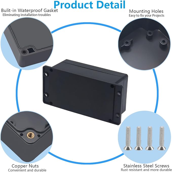 Outdoor Waterproof Junction Box IP67 Project Box ABS Black Electrical Boxes Electronic Enclsoure with Mounting Ear for DIY Project 6.2 x 3.5 x 2.4 inch (158x90x60mm) - Image 6