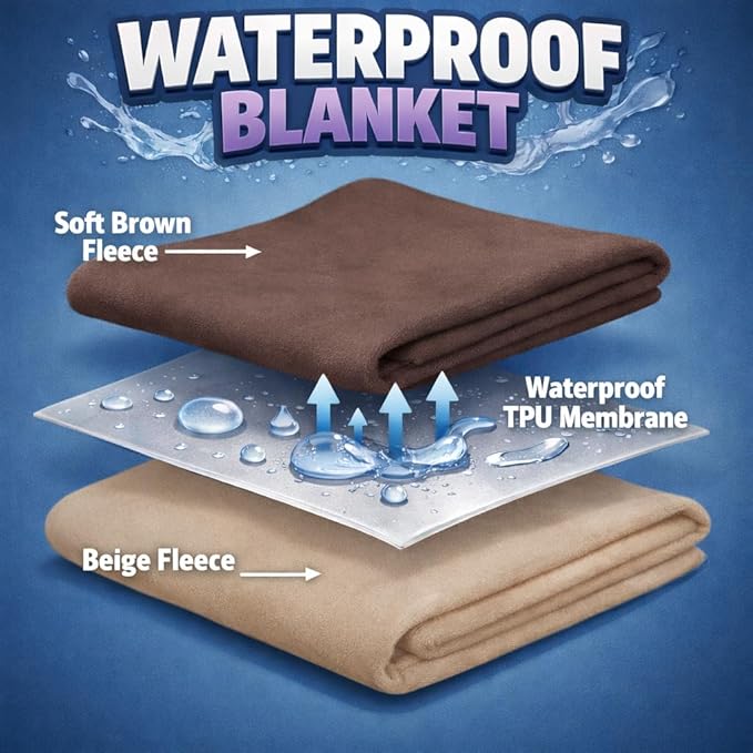 Premium Deluxe ! 100% TOP Waterproof Blanket Guarantees to Keep Your Bed Dry! Crinkle-Free Ultra-Soft Fleece Furniture Protector for People Kids Pets. EZ Wash/Dry Brown/Beige Reversible 80x60 - Image 2