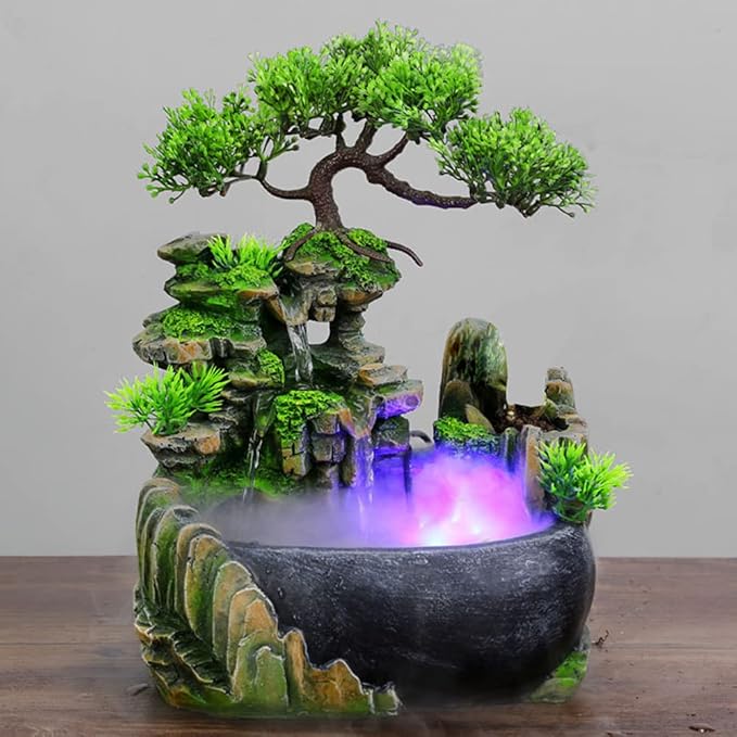 Tabletop Fountain, Atomizing Desktop Humidifier with Rockery & Bonsai, Zen Meditation Indoor Relaxation Waterfall Feature, Illuminated Waterfall Fountain Indoor for Home Office Bedroom Desk Decor - Image 3