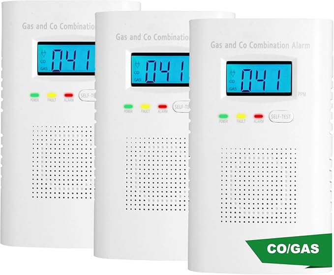 Combination Gas and Carbon Monoxide Detector Plug-in | CO Alarm & Natural Gas Combustible Detector | Digital Display, Battery Backup, Easy Install | for Home Kitchen Safety Monitoring 3-Pack by Vzmcov